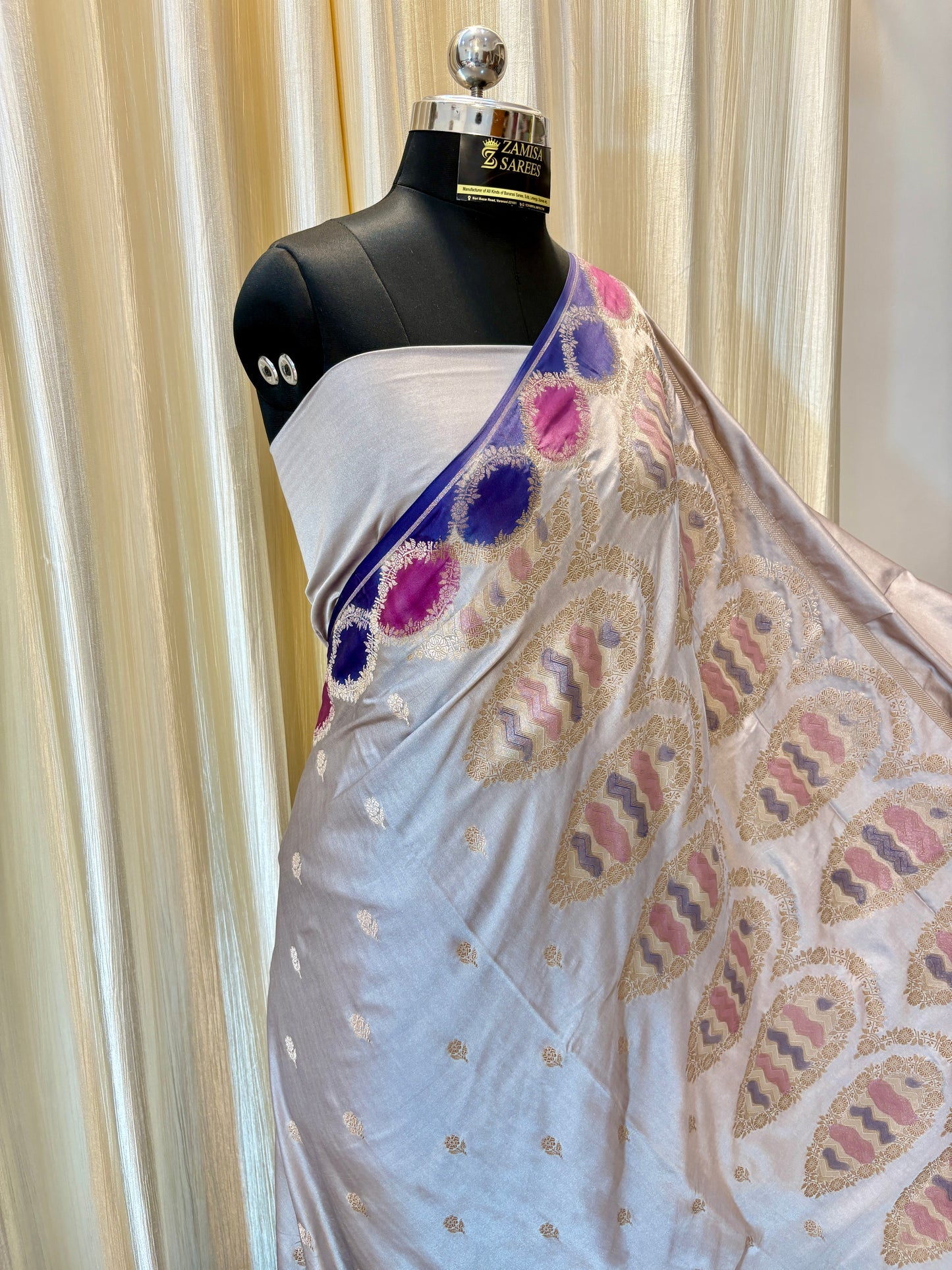 Premium Grey Banarasi Silk Saree with Multicoloured Blocks