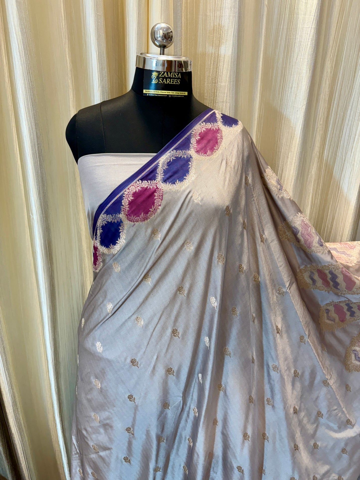 Premium Grey Banarasi Silk Saree with Multicoloured Blocks