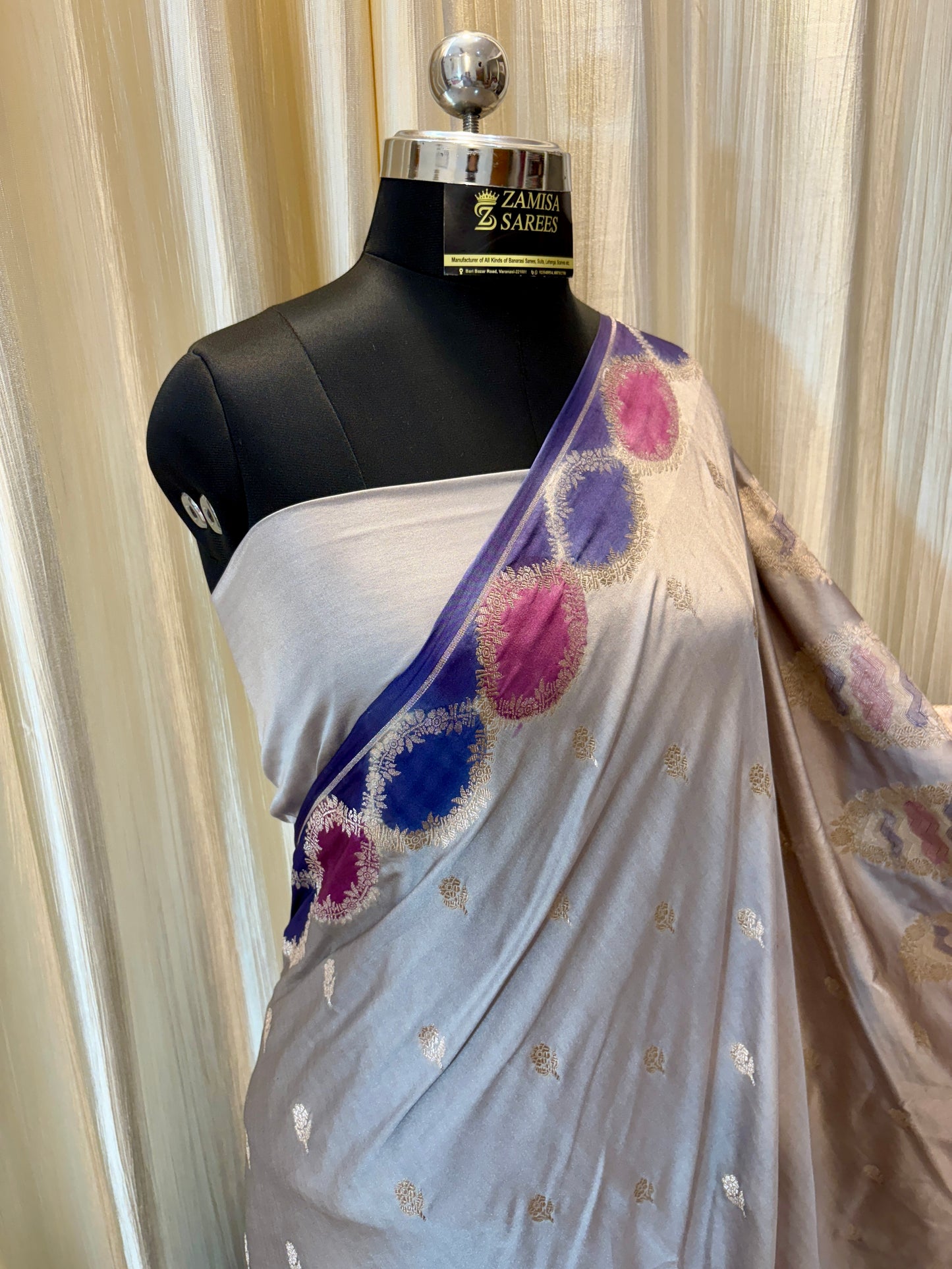 Premium Grey Banarasi Silk Saree with Multicoloured Blocks