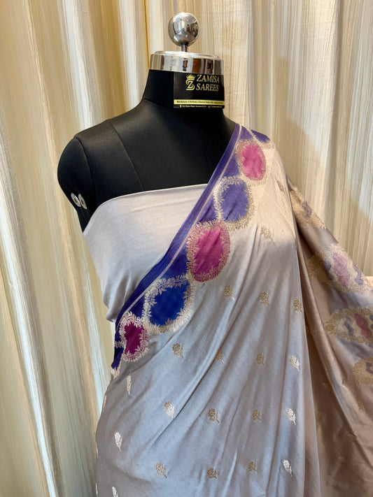 Premium Grey Banarasi Silk Saree with Multicoloured Blocks
