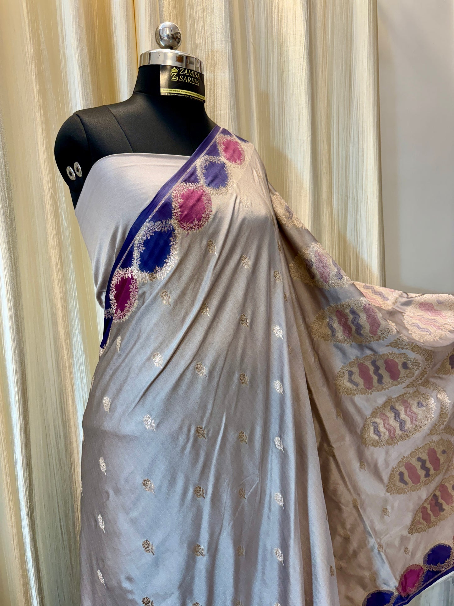 Premium Grey Banarasi Silk Saree with Multicoloured Blocks