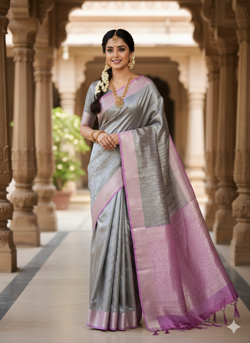 Premium Grey Banarasi Saree in Tissue Silk