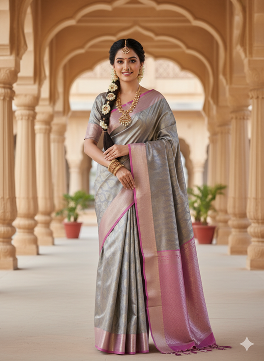 Premium Grey Banarasi Saree in Tissue Silk