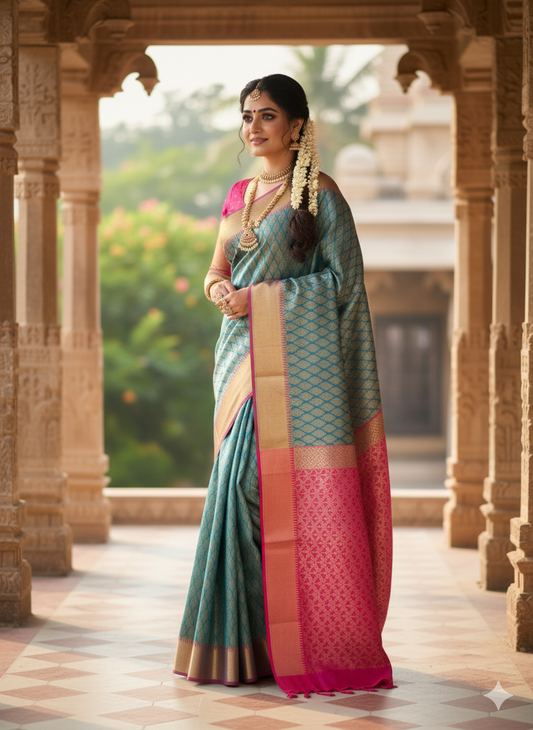 Premium Banarasi Silk Saree in Sapphire and Rani Shade