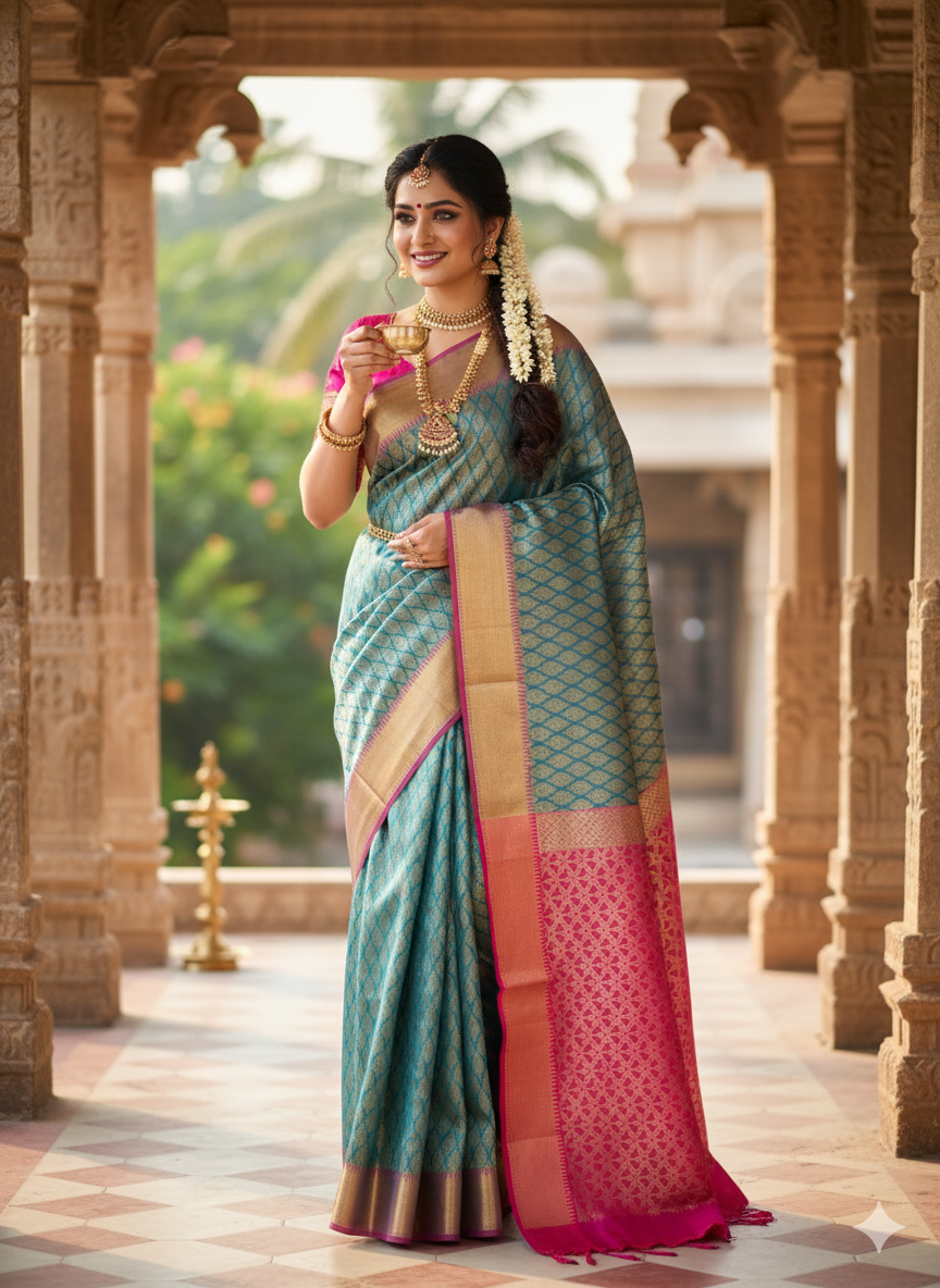 Premium Banarasi Silk Saree in Sapphire and Rani Shade