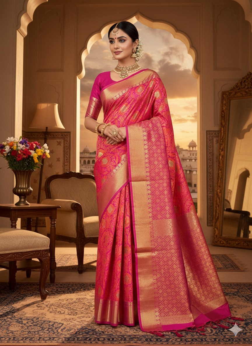 Reddish Pink Tanchui Banarasi Saree in Organza Silk