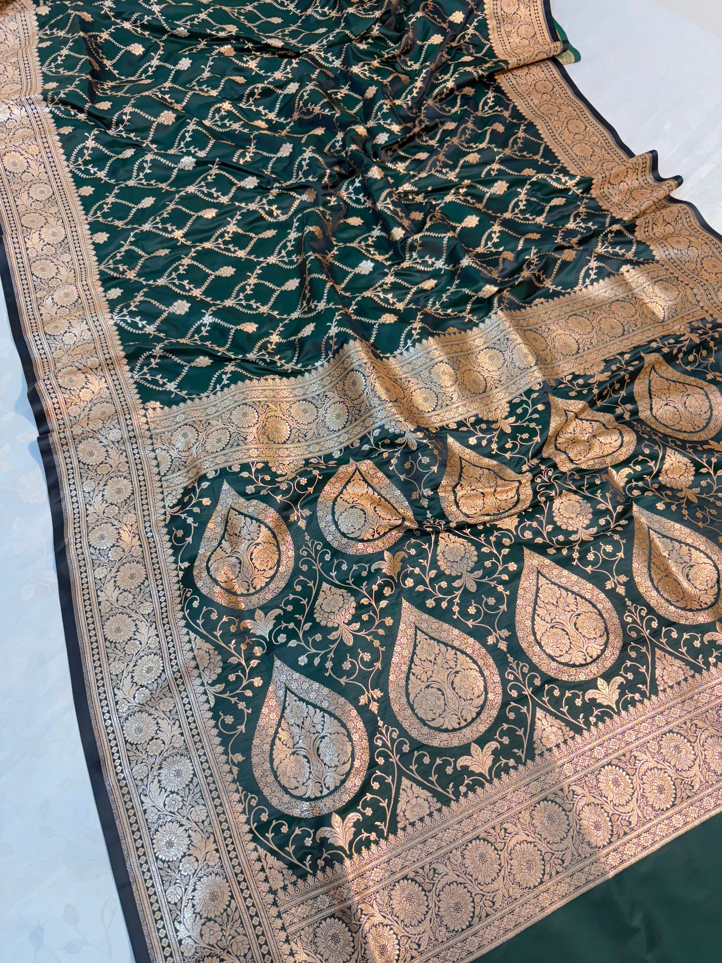 Dark Green Premium Banarasi Satin Katan Silk Saree