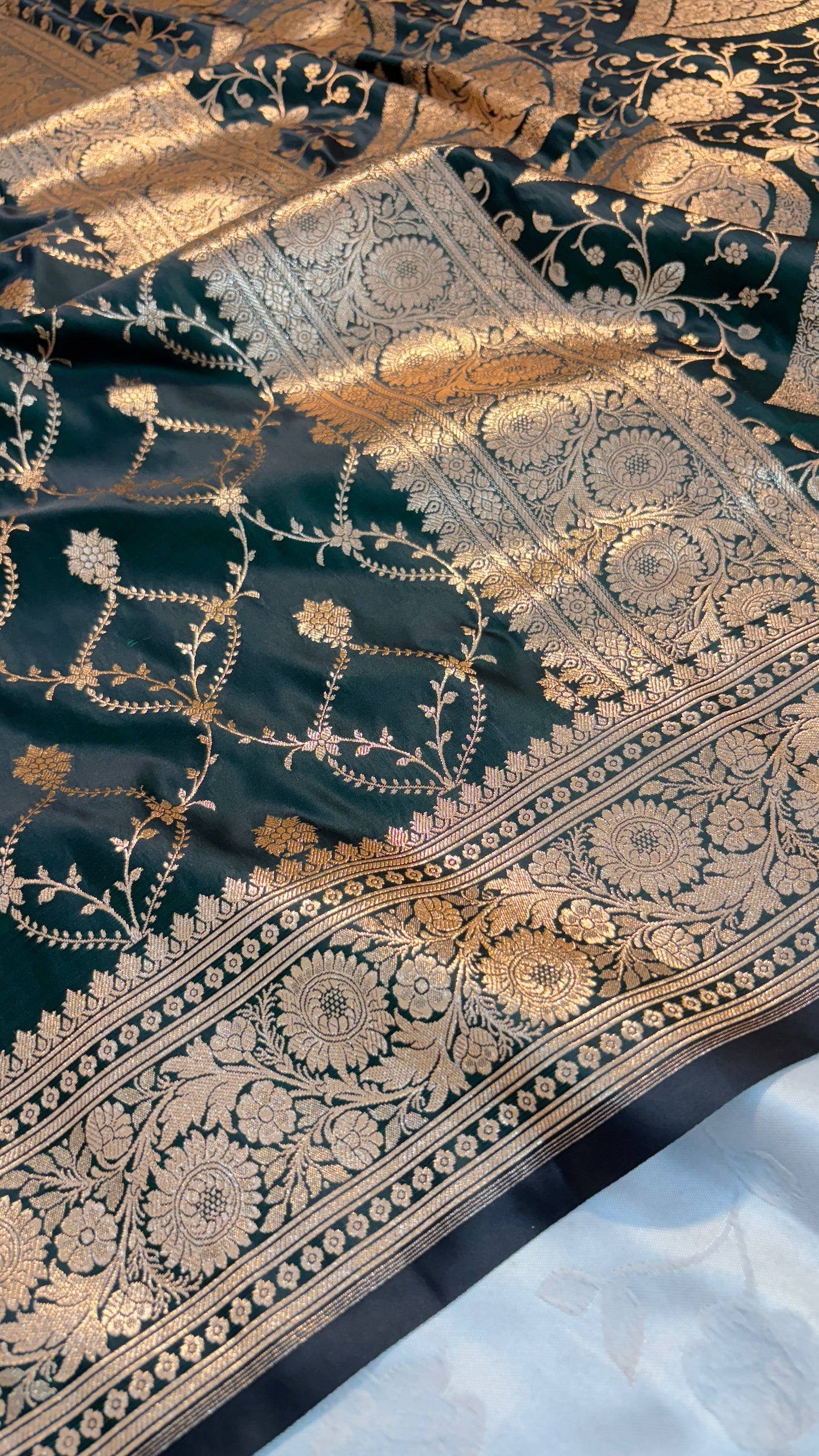 Dark Green Premium Banarasi Satin Katan Silk Saree