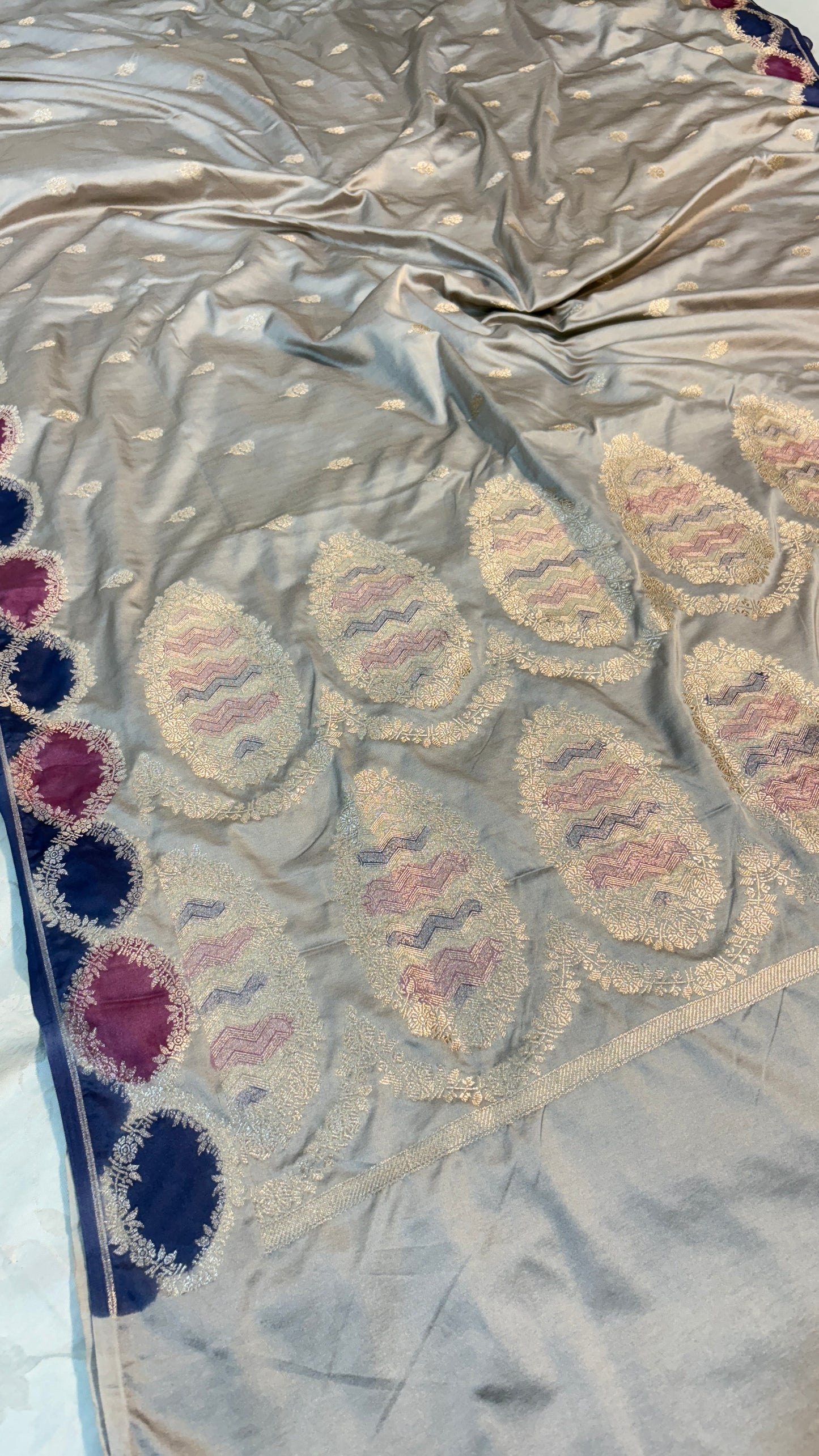 Premium Grey Banarasi Silk Saree with Multicoloured Blocks