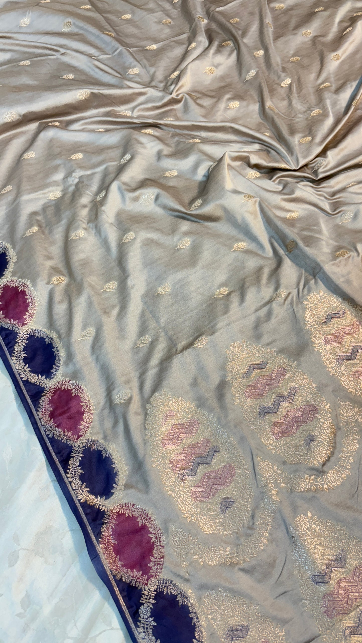 Premium Grey Banarasi Silk Saree with Multicoloured Blocks