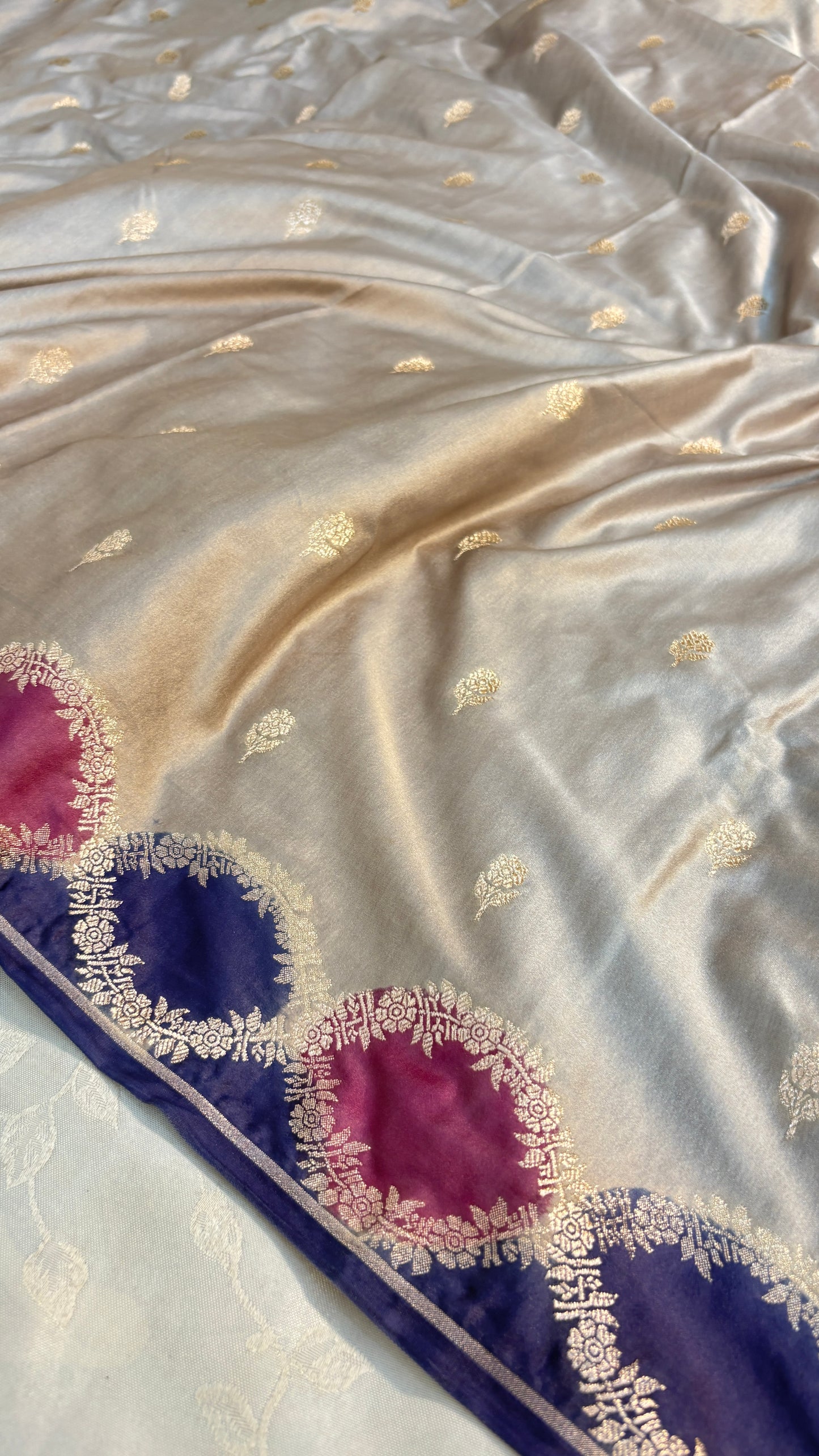 Premium Grey Banarasi Silk Saree with Multicoloured Blocks