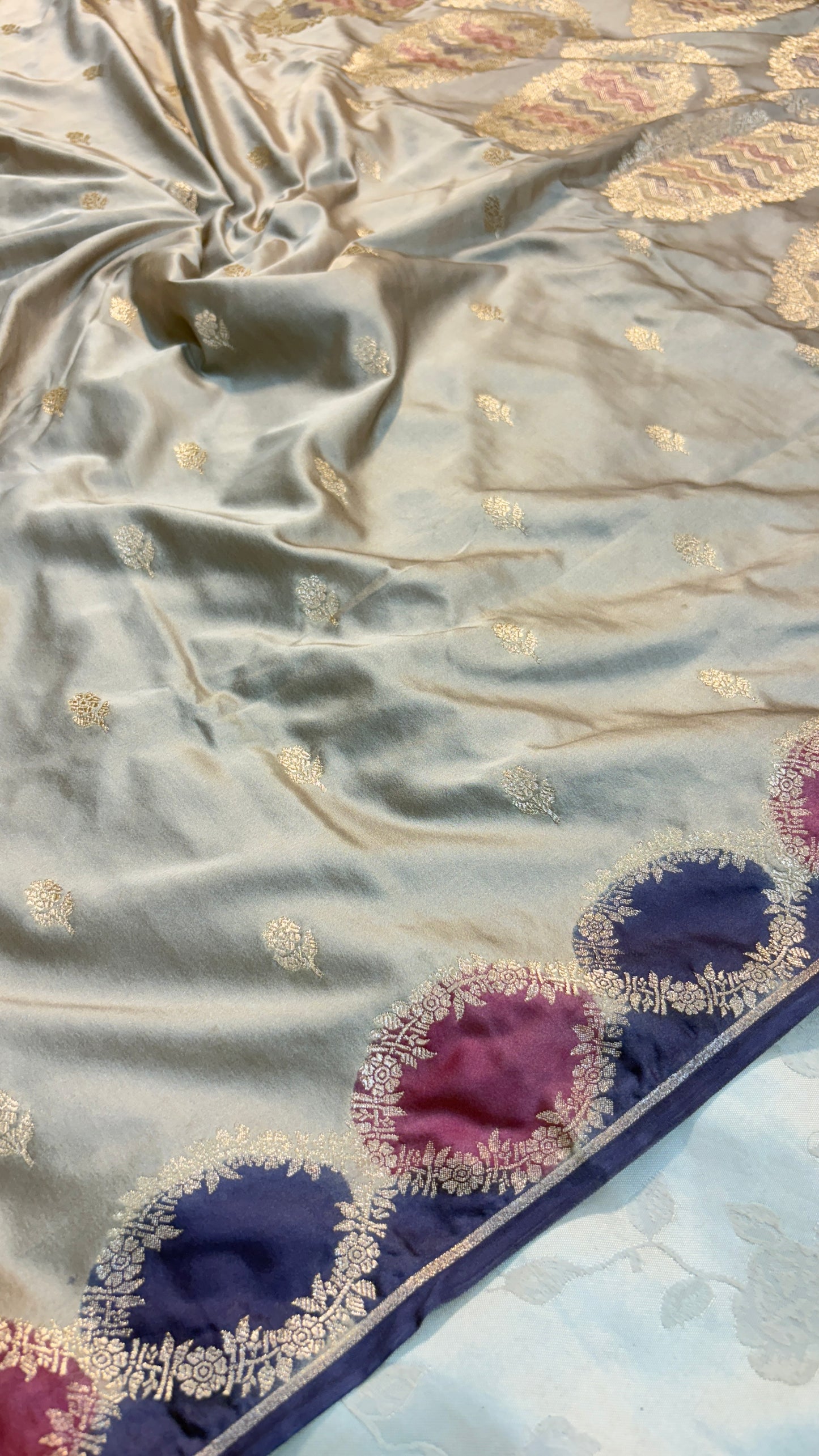 Premium Grey Banarasi Silk Saree with Multicoloured Blocks