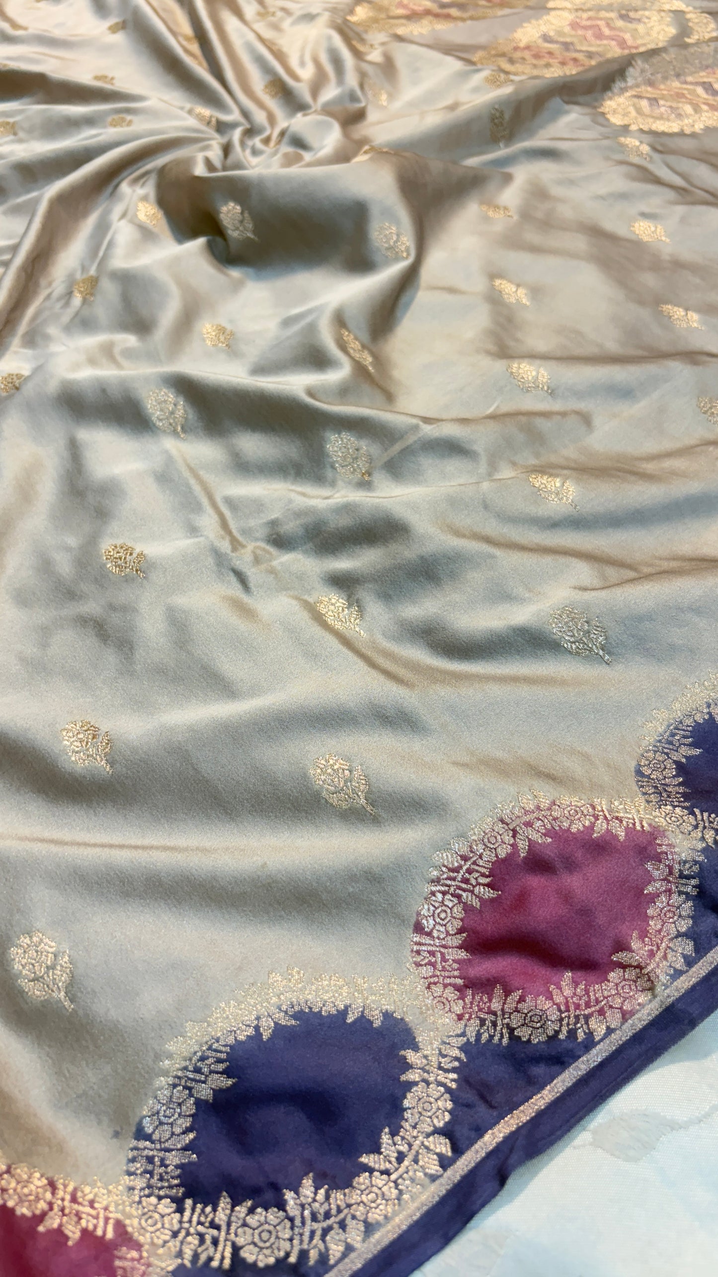 Premium Grey Banarasi Silk Saree with Multicoloured Blocks