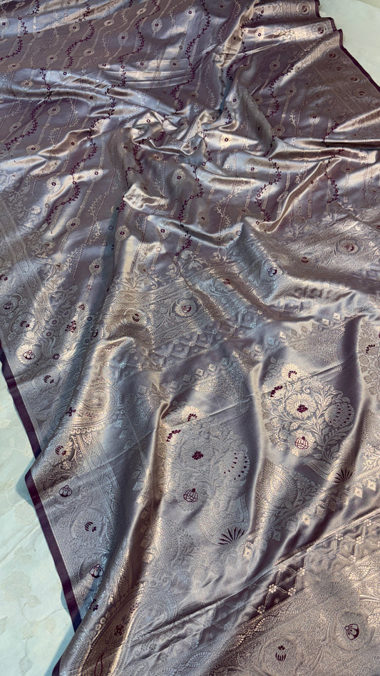 Dark Mauve Banarasi Satin Katan Silk Saree