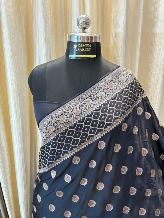 Royal Black Mashru Silk Banarasi Saree