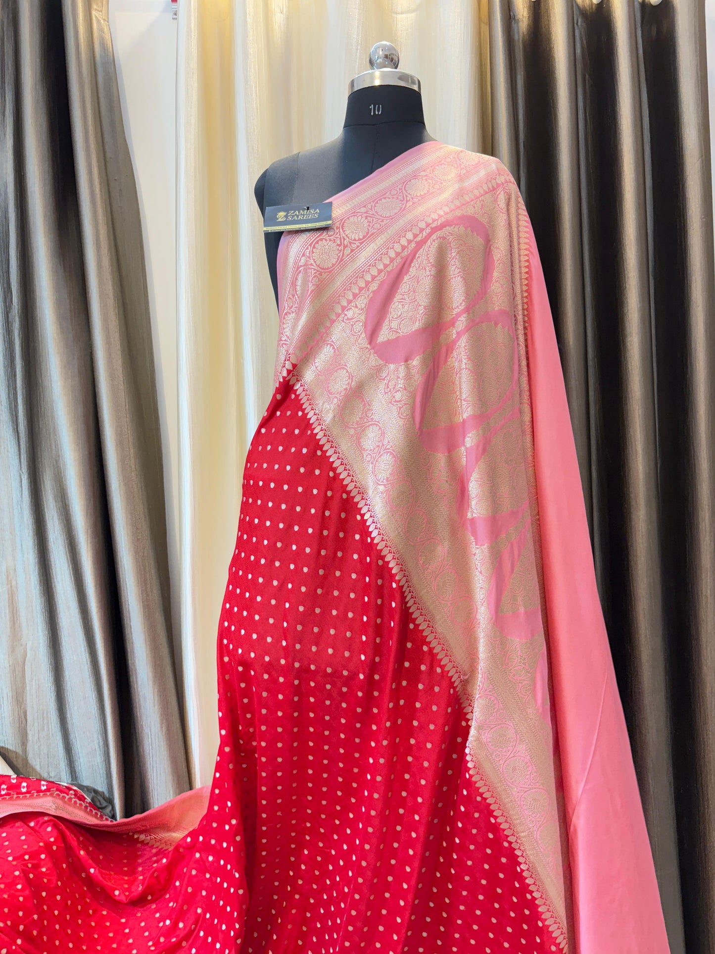 Red and Pink Mashru Katan Silk Banarasi Saree i