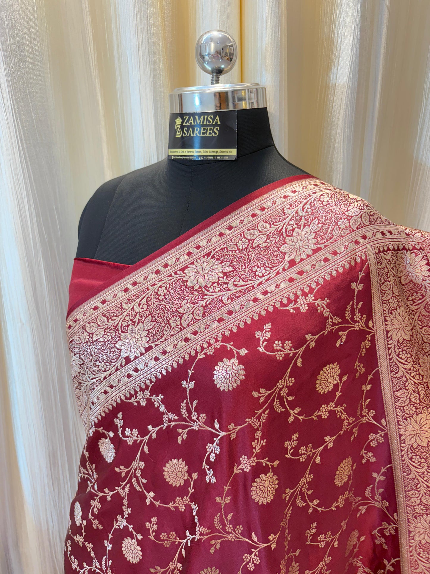 Maroon Banarasi Silk Saree with Intricate Golden Zari Work