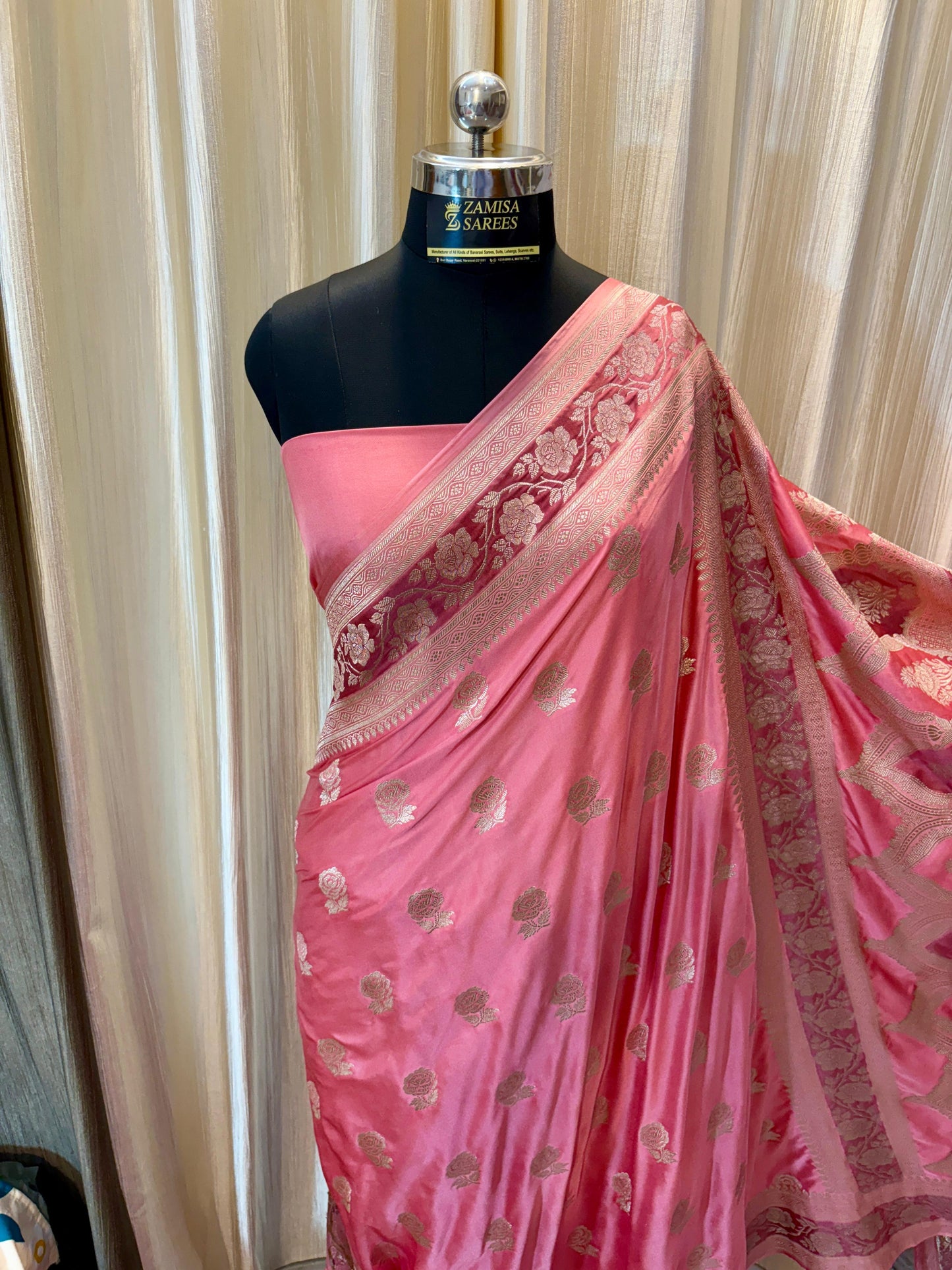 Graceful Pink Banarasi Silk Saree with Golden Zari Floral Motifs