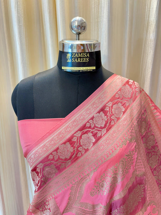 Graceful Pink Banarasi Silk Saree with Golden Zari Floral Motifs