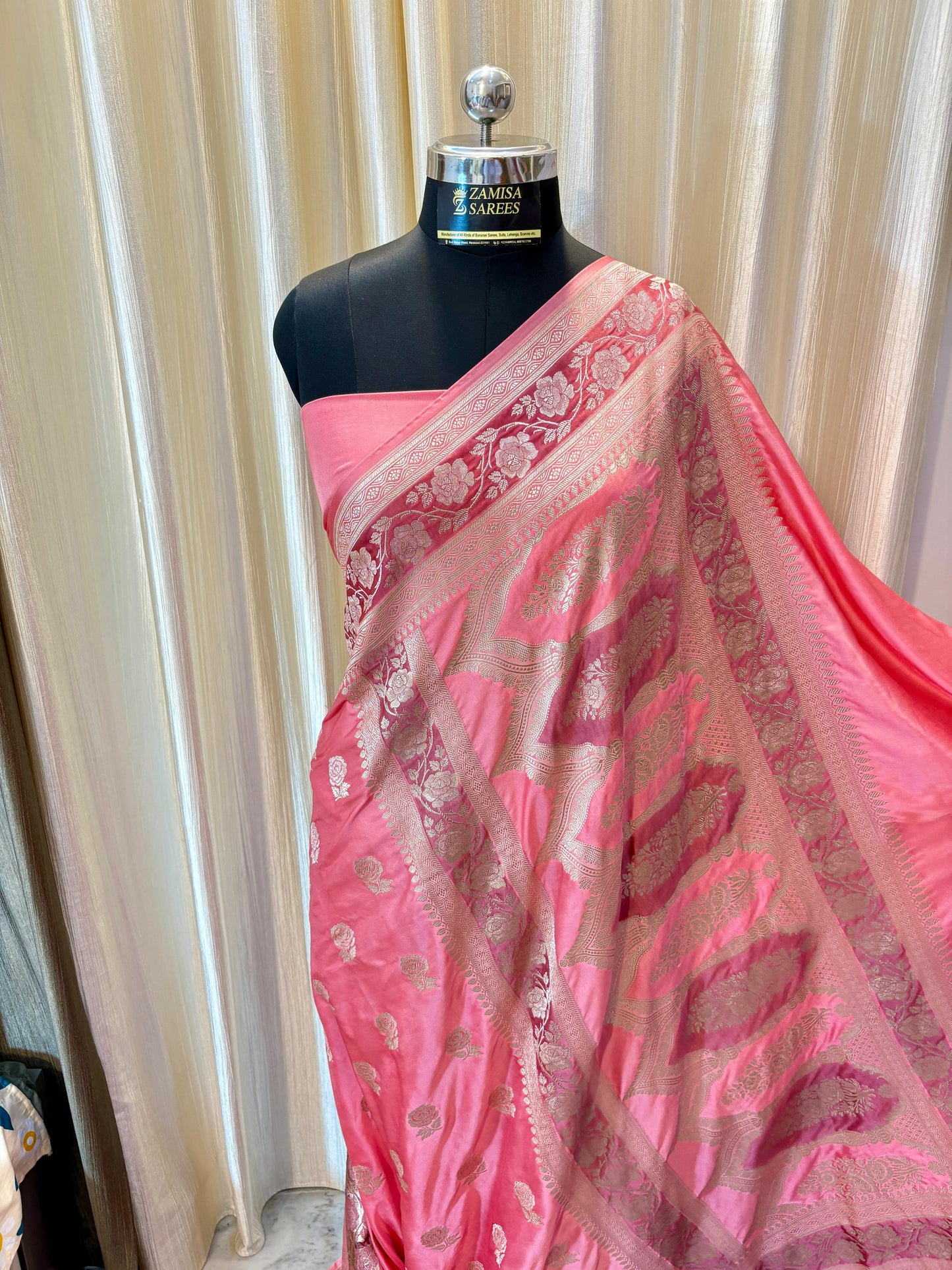 Graceful Pink Banarasi Silk Saree with Golden Zari Floral Motifs