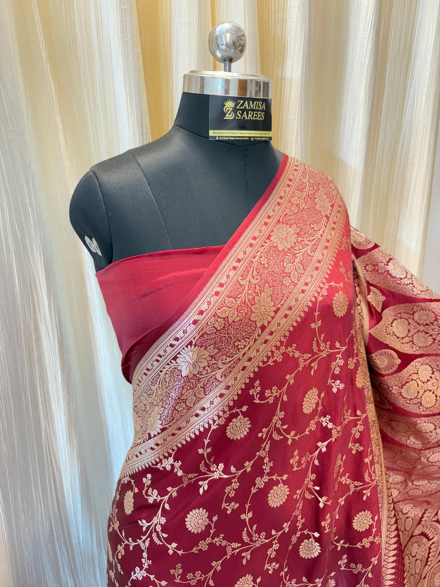 Maroon Banarasi Silk Saree with Intricate Golden Zari Work