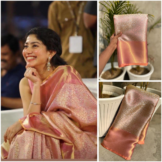 Sai Pallavi Peach Pink Tissue Silk Saree with Golden Zari Weaving